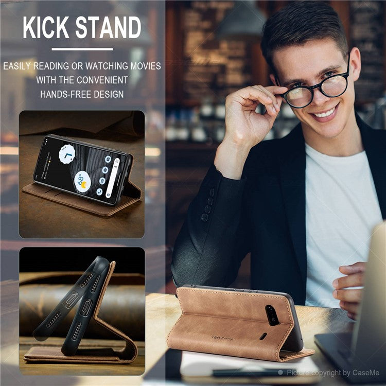 CASEME 013 Series Anti-drop Flip Phone Case for Google Pixel 7 5G, Magnetic Auto-absorbed Anti-scratch PU Leather Phone Cover with Wallet Stand - Brown