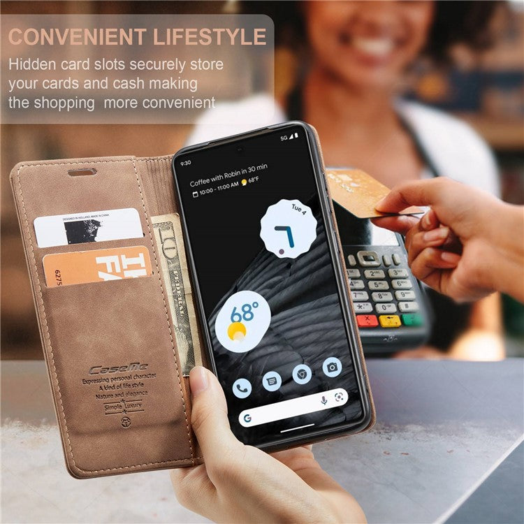 CASEME 013 Series Anti-drop Flip Phone Case for Google Pixel 7 5G, Magnetic Auto-absorbed Anti-scratch PU Leather Phone Cover with Wallet Stand - Brown