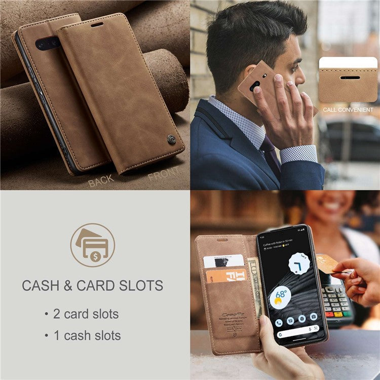 CASEME 013 Series Anti-drop Flip Phone Case for Google Pixel 7 5G, Magnetic Auto-absorbed Anti-scratch PU Leather Phone Cover with Wallet Stand - Brown