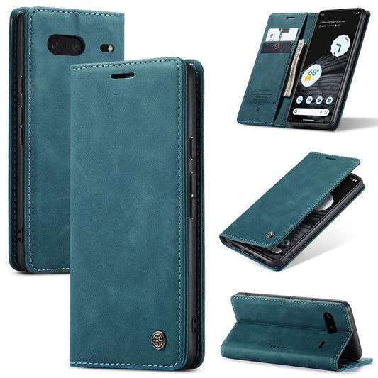 CASEME 013 Series Anti-drop Flip Phone Case for Google Pixel 7 5G, Magnetic Auto-absorbed Anti-scratch PU Leather Phone Cover with Wallet Stand - Blue