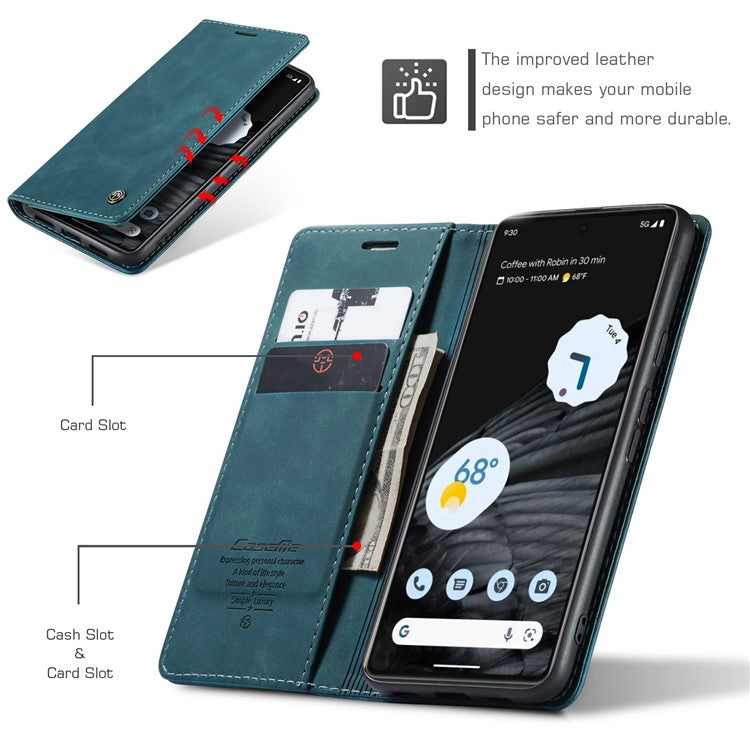 CASEME 013 Series Anti-drop Flip Phone Case for Google Pixel 7 5G, Magnetic Auto-absorbed Anti-scratch PU Leather Phone Cover with Wallet Stand - Blue