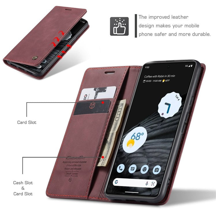 CASEME 013 Series Anti-drop Flip Phone Case for Google Pixel 7 5G, Magnetic Auto-absorbed Anti-scratch PU Leather Phone Cover with Wallet Stand - Red