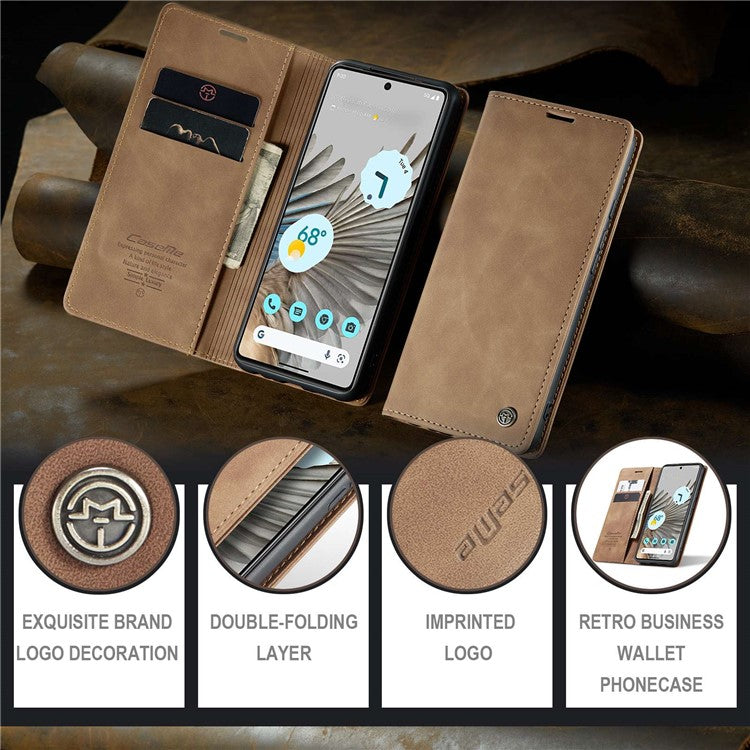 CASEME 013 Series for Google Pixel 7 Pro 5G Full Protection Phone Case PU Leather Flip Wallet Cover Stand Magnetic Auto-absorbed Shell - Brown