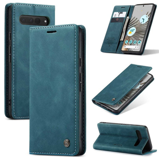 CASEME 013 Series for Google Pixel 7 Pro 5G Full Protection Phone Case PU Leather Flip Wallet Cover Stand Magnetic Auto-absorbed Shell - Blue