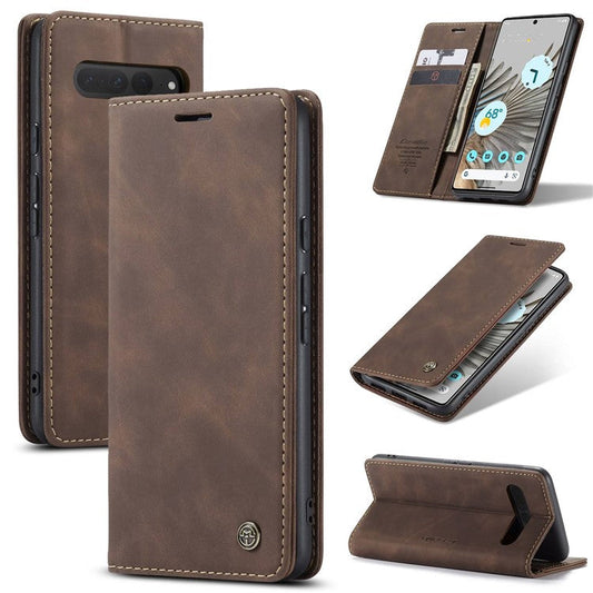 CASEME 013 Series for Google Pixel 7 Pro 5G Full Protection Phone Case PU Leather Flip Wallet Cover Stand Magnetic Auto-absorbed Shell - Coffee