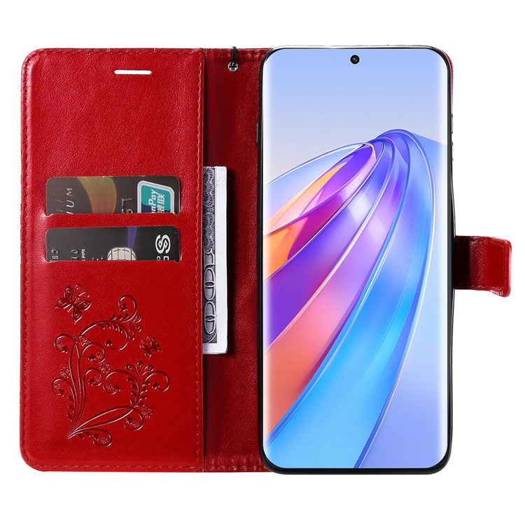 KT Imprinting Series-2 for Honor X40 5G / X9a 5G / Magic5 Lite 5G PU Leather Horizontal Stand Wallet Case Imprinted Butterfly Pattern Magnetic Clasp Protective Cover - Red