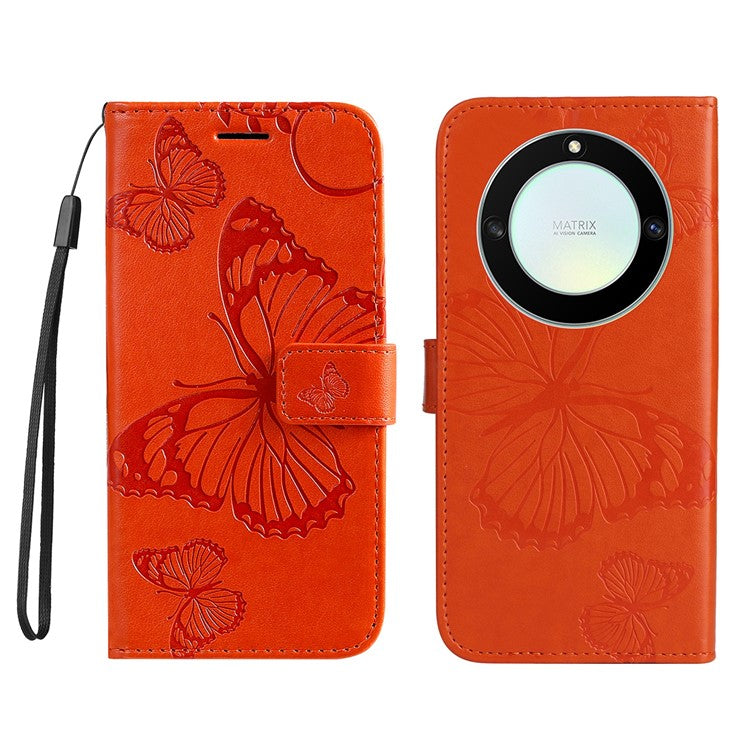 KT Imprinting Series-2 for Honor X40 5G / X9a 5G / Magic5 Lite 5G PU Leather Horizontal Stand Wallet Case Imprinted Butterfly Pattern Magnetic Clasp Protective Cover - Orange