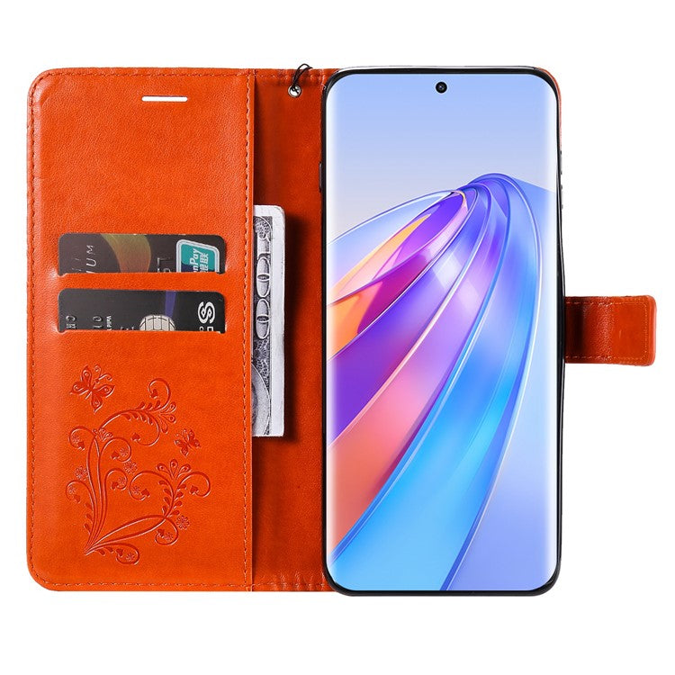 KT Imprinting Series-2 for Honor X40 5G / X9a 5G / Magic5 Lite 5G PU Leather Horizontal Stand Wallet Case Imprinted Butterfly Pattern Magnetic Clasp Protective Cover - Orange