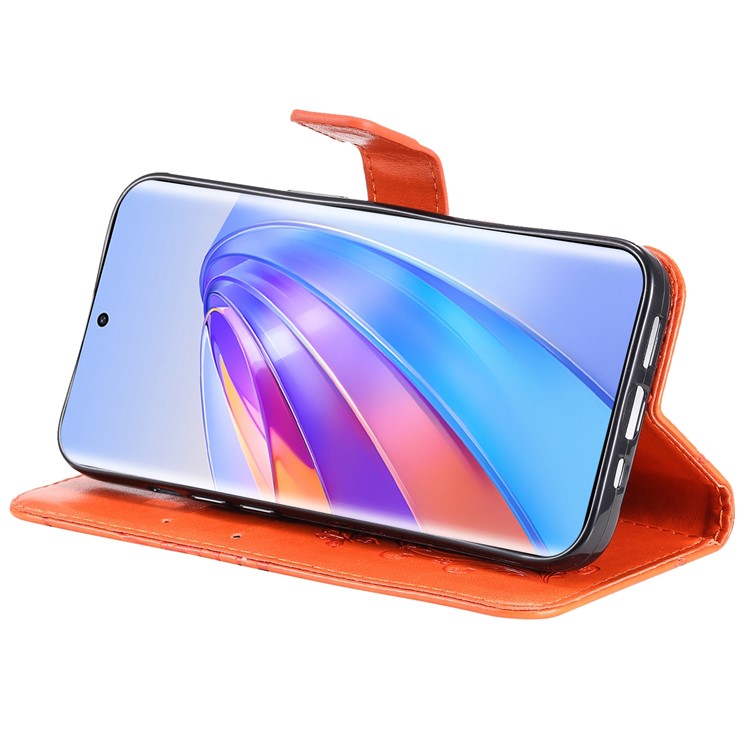 KT Imprinting Series-2 for Honor X40 5G / X9a 5G / Magic5 Lite 5G PU Leather Horizontal Stand Wallet Case Imprinted Butterfly Pattern Magnetic Clasp Protective Cover - Orange