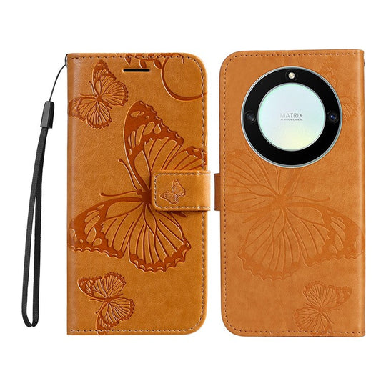 KT Imprinting Series-2 for Honor X40 5G / X9a 5G / Magic5 Lite 5G PU Leather Horizontal Stand Wallet Case Imprinted Butterfly Pattern Magnetic Clasp Protective Cover - Yellow