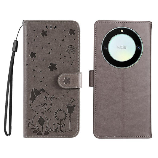 KT Imprinting Flower Series-4 for Honor X40 5G / X9a 5G / Magic5 Lite 5G Shockproof PU Leather Phone Shell, Imprinted Cat Bee Flower Stand Wallet Phone Case - Grey