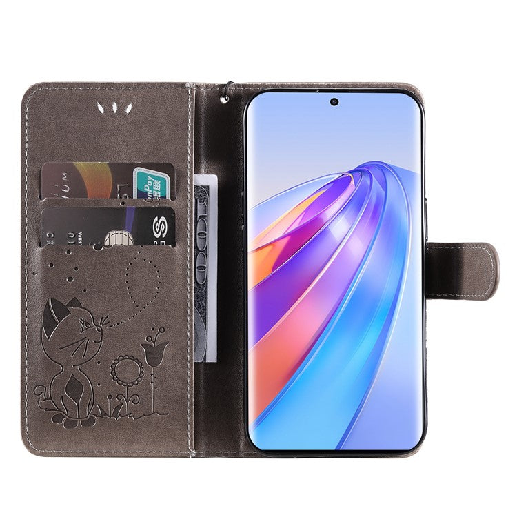 KT Imprinting Flower Series-4 for Honor X40 5G / X9a 5G / Magic5 Lite 5G Shockproof PU Leather Phone Shell, Imprinted Cat Bee Flower Stand Wallet Phone Case - Grey