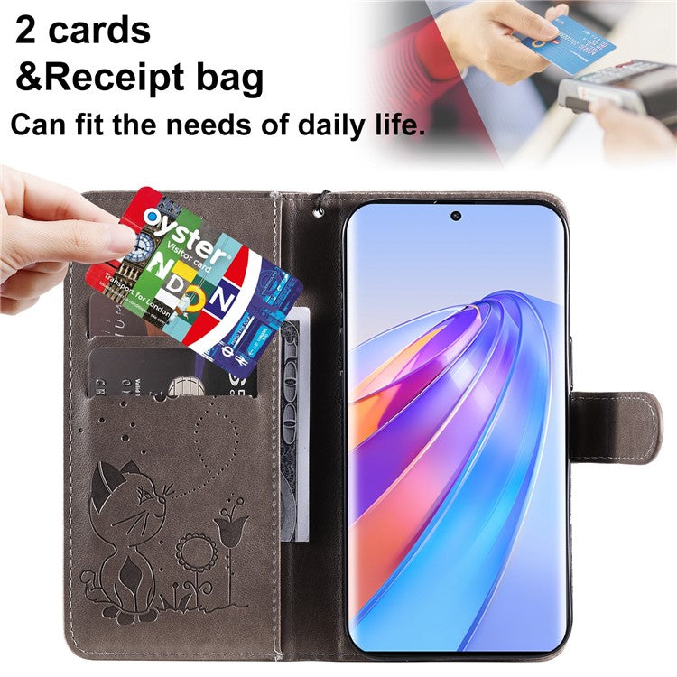 KT Imprinting Flower Series-4 for Honor X40 5G / X9a 5G / Magic5 Lite 5G Shockproof PU Leather Phone Shell, Imprinted Cat Bee Flower Stand Wallet Phone Case - Grey