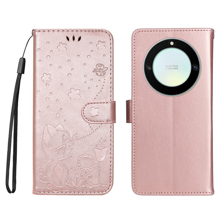 KT Imprinting Flower Series-4 for Honor X40 5G / X9a 5G / Magic5 Lite 5G Shockproof PU Leather Phone Shell, Imprinted Cat Bee Flower Stand Wallet Phone Case - Rose Gold