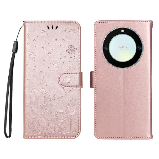 KT Imprinting Flower Series-4 for Honor X40 5G / X9a 5G / Magic5 Lite 5G Shockproof PU Leather Phone Shell, Imprinted Cat Bee Flower Stand Wallet Phone Case - Rose Gold