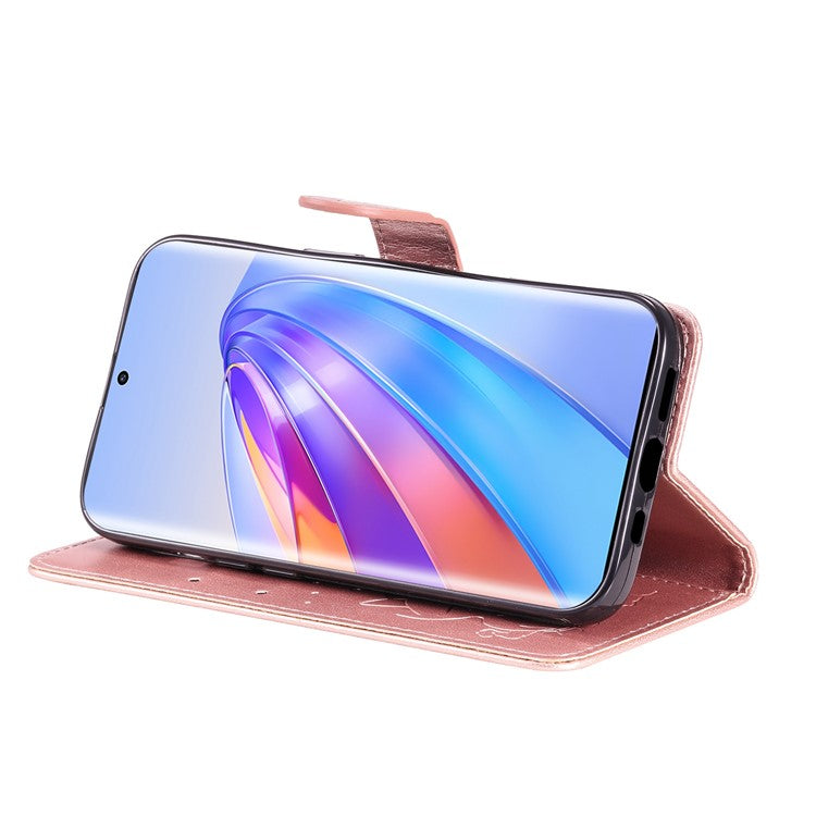 KT Imprinting Flower Series-4 for Honor X40 5G / X9a 5G / Magic5 Lite 5G Shockproof PU Leather Phone Shell, Imprinted Cat Bee Flower Stand Wallet Phone Case - Rose Gold