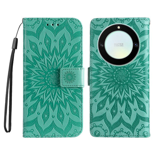 KT Imprinting Flower Series-1 for Honor X40 5G / X9a 5G / Magic5 Lite 5G PU Leather Magnetic Case Imprinted Sunflower Wallet Function Stand Flip Phone Cover with Strap - Green