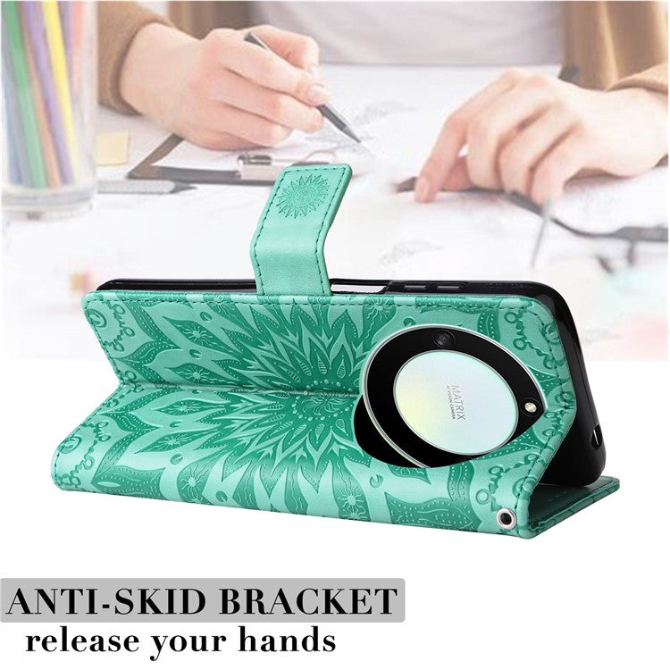 KT Imprinting Flower Series-1 for Honor X40 5G / X9a 5G / Magic5 Lite 5G PU Leather Magnetic Case Imprinted Sunflower Wallet Function Stand Flip Phone Cover with Strap - Green