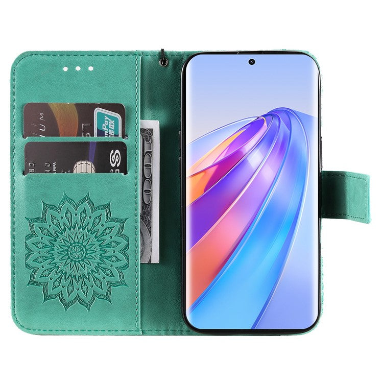 KT Imprinting Flower Series-1 for Honor X40 5G / X9a 5G / Magic5 Lite 5G PU Leather Magnetic Case Imprinted Sunflower Wallet Function Stand Flip Phone Cover with Strap - Green