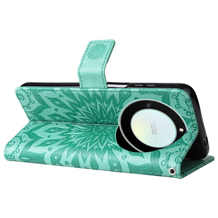 KT Imprinting Flower Series-1 for Honor X40 5G / X9a 5G / Magic5 Lite 5G PU Leather Magnetic Case Imprinted Sunflower Wallet Function Stand Flip Phone Cover with Strap - Green