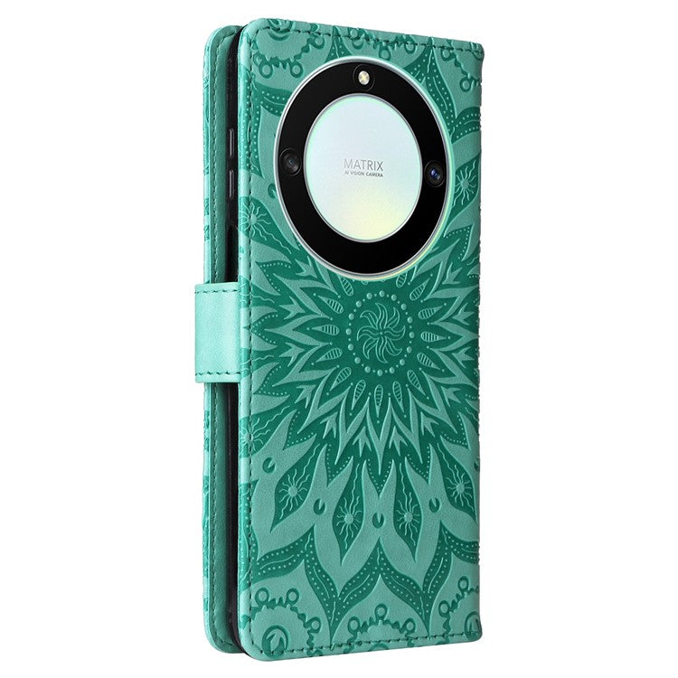 KT Imprinting Flower Series-1 for Honor X40 5G / X9a 5G / Magic5 Lite 5G PU Leather Magnetic Case Imprinted Sunflower Wallet Function Stand Flip Phone Cover with Strap - Green