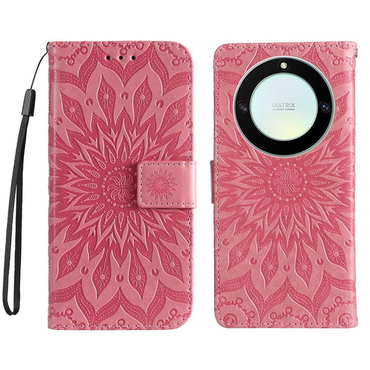KT Imprinting Flower Series-1 for Honor X40 5G / X9a 5G / Magic5 Lite 5G PU Leather Magnetic Case Imprinted Sunflower Wallet Function Stand Flip Phone Cover with Strap - Pink