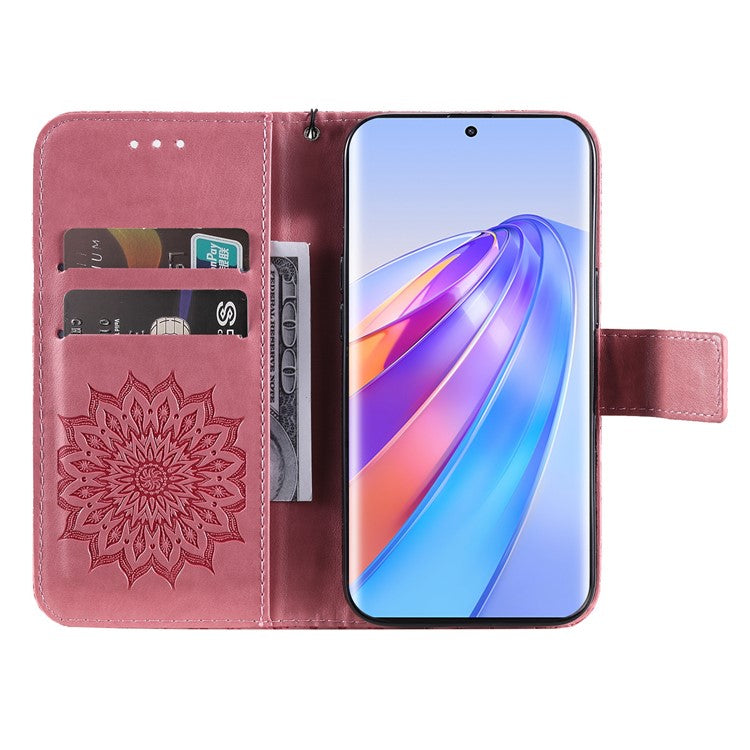 KT Imprinting Flower Series-1 for Honor X40 5G / X9a 5G / Magic5 Lite 5G PU Leather Magnetic Case Imprinted Sunflower Wallet Function Stand Flip Phone Cover with Strap - Pink