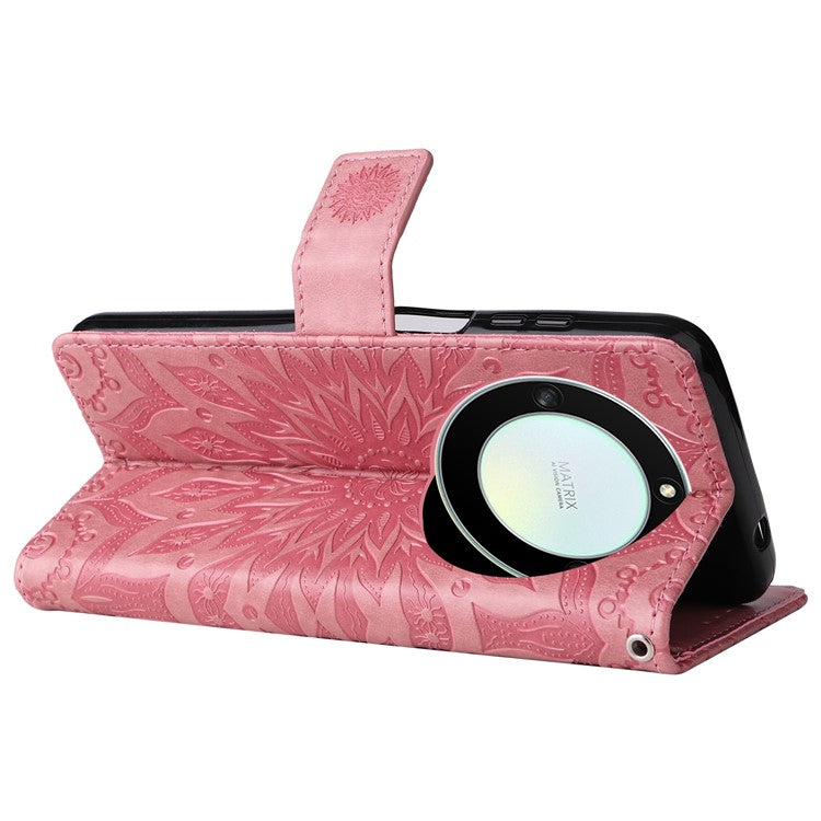 KT Imprinting Flower Series-1 for Honor X40 5G / X9a 5G / Magic5 Lite 5G PU Leather Magnetic Case Imprinted Sunflower Wallet Function Stand Flip Phone Cover with Strap - Pink