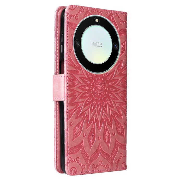 KT Imprinting Flower Series-1 for Honor X40 5G / X9a 5G / Magic5 Lite 5G PU Leather Magnetic Case Imprinted Sunflower Wallet Function Stand Flip Phone Cover with Strap - Pink