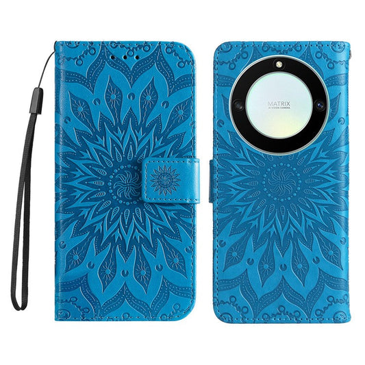 KT Imprinting Flower Series-1 for Honor X40 5G / X9a 5G / Magic5 Lite 5G PU Leather Magnetic Case Imprinted Sunflower Wallet Function Stand Flip Phone Cover with Strap - Blue