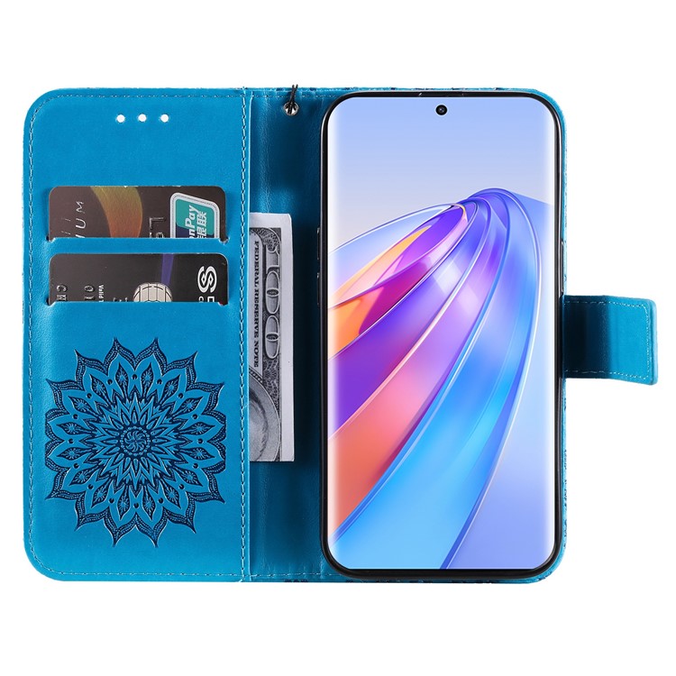 KT Imprinting Flower Series-1 for Honor X40 5G / X9a 5G / Magic5 Lite 5G PU Leather Magnetic Case Imprinted Sunflower Wallet Function Stand Flip Phone Cover with Strap - Blue