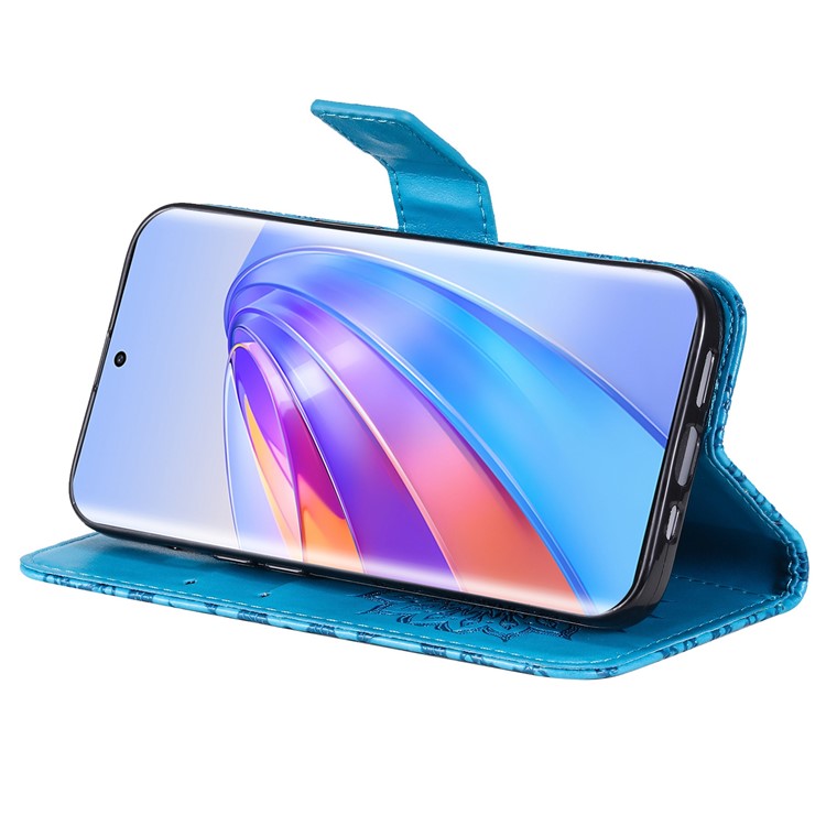 KT Imprinting Flower Series-1 for Honor X40 5G / X9a 5G / Magic5 Lite 5G PU Leather Magnetic Case Imprinted Sunflower Wallet Function Stand Flip Phone Cover with Strap - Blue