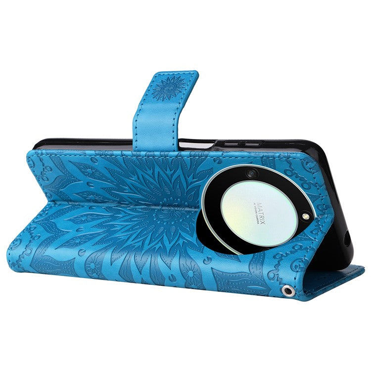 KT Imprinting Flower Series-1 for Honor X40 5G / X9a 5G / Magic5 Lite 5G PU Leather Magnetic Case Imprinted Sunflower Wallet Function Stand Flip Phone Cover with Strap - Blue