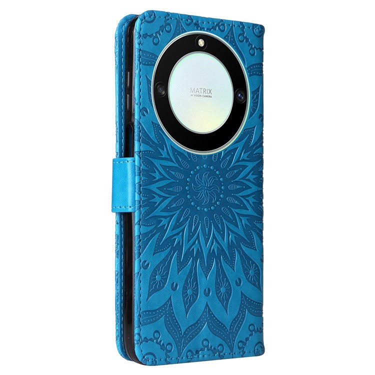 KT Imprinting Flower Series-1 for Honor X40 5G / X9a 5G / Magic5 Lite 5G PU Leather Magnetic Case Imprinted Sunflower Wallet Function Stand Flip Phone Cover with Strap - Blue