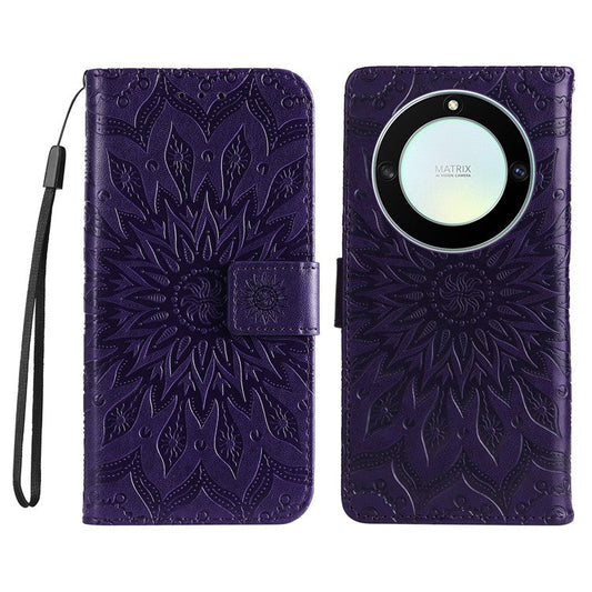 KT Imprinting Flower Series-1 for Honor X40 5G / X9a 5G / Magic5 Lite 5G PU Leather Magnetic Case Imprinted Sunflower Wallet Function Stand Flip Phone Cover with Strap - Purple