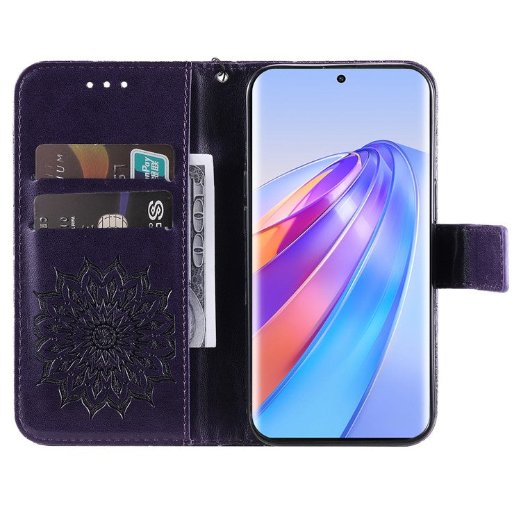 KT Imprinting Flower Series-1 for Honor X40 5G / X9a 5G / Magic5 Lite 5G PU Leather Magnetic Case Imprinted Sunflower Wallet Function Stand Flip Phone Cover with Strap - Purple