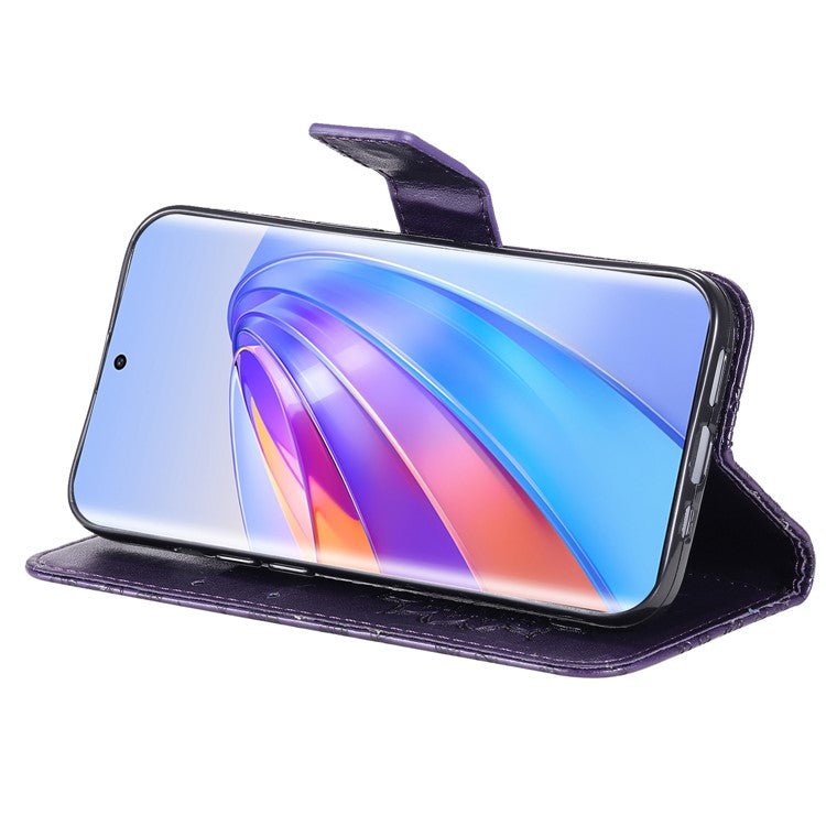 KT Imprinting Flower Series-1 for Honor X40 5G / X9a 5G / Magic5 Lite 5G PU Leather Magnetic Case Imprinted Sunflower Wallet Function Stand Flip Phone Cover with Strap - Purple