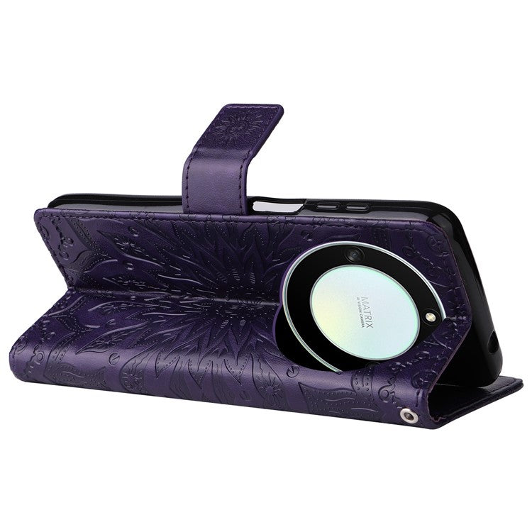 KT Imprinting Flower Series-1 for Honor X40 5G / X9a 5G / Magic5 Lite 5G PU Leather Magnetic Case Imprinted Sunflower Wallet Function Stand Flip Phone Cover with Strap - Purple
