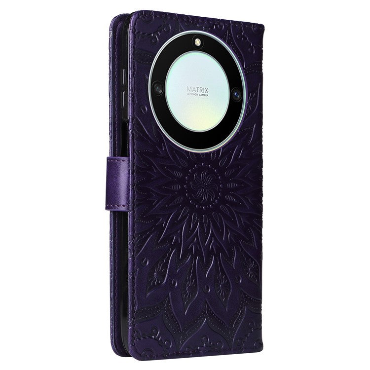 KT Imprinting Flower Series-1 for Honor X40 5G / X9a 5G / Magic5 Lite 5G PU Leather Magnetic Case Imprinted Sunflower Wallet Function Stand Flip Phone Cover with Strap - Purple