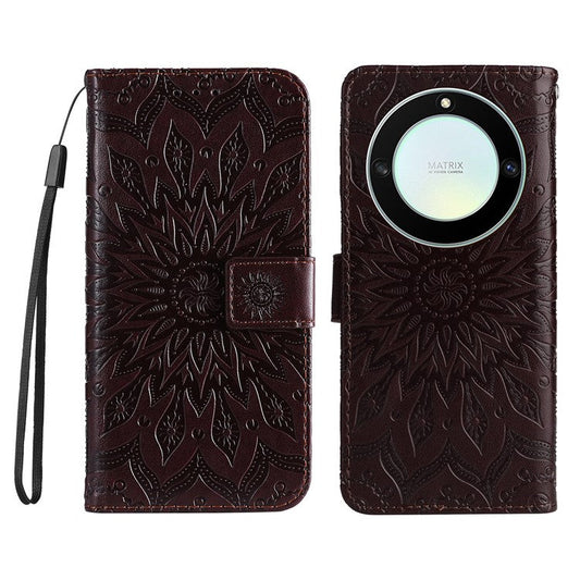 KT Imprinting Flower Series-1 for Honor X40 5G / X9a 5G / Magic5 Lite 5G PU Leather Magnetic Case Imprinted Sunflower Wallet Function Stand Flip Phone Cover with Strap - Brown
