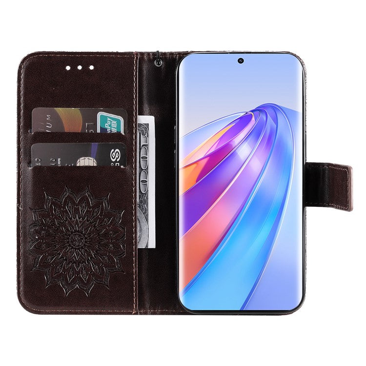 KT Imprinting Flower Series-1 for Honor X40 5G / X9a 5G / Magic5 Lite 5G PU Leather Magnetic Case Imprinted Sunflower Wallet Function Stand Flip Phone Cover with Strap - Brown