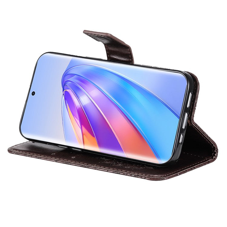 KT Imprinting Flower Series-1 for Honor X40 5G / X9a 5G / Magic5 Lite 5G PU Leather Magnetic Case Imprinted Sunflower Wallet Function Stand Flip Phone Cover with Strap - Brown