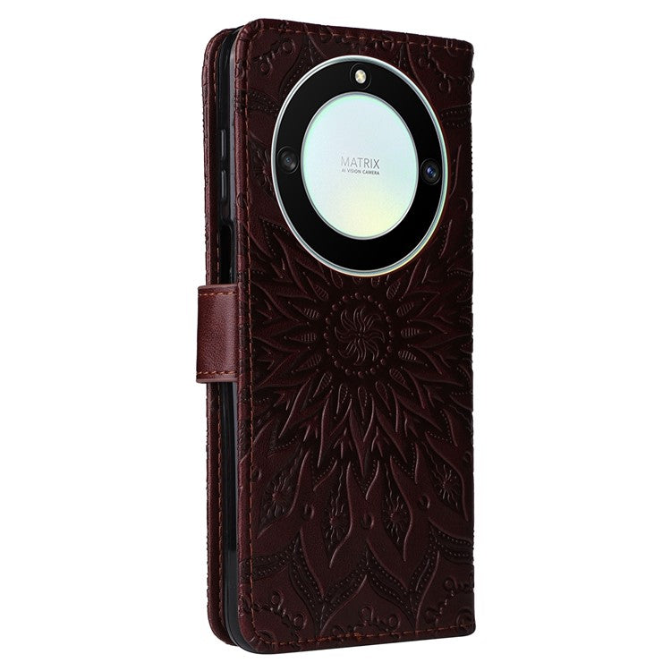 KT Imprinting Flower Series-1 for Honor X40 5G / X9a 5G / Magic5 Lite 5G PU Leather Magnetic Case Imprinted Sunflower Wallet Function Stand Flip Phone Cover with Strap - Brown