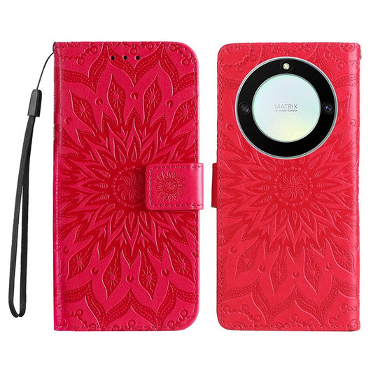 KT Imprinting Flower Series-1 for Honor X40 5G / X9a 5G / Magic5 Lite 5G PU Leather Magnetic Case Imprinted Sunflower Wallet Function Stand Flip Phone Cover with Strap - Red