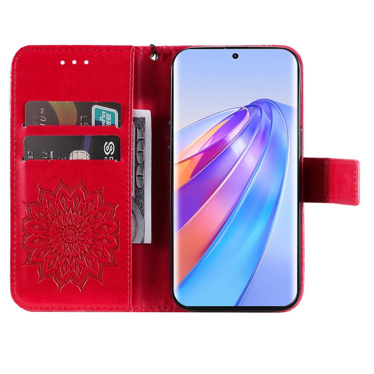 KT Imprinting Flower Series-1 for Honor X40 5G / X9a 5G / Magic5 Lite 5G PU Leather Magnetic Case Imprinted Sunflower Wallet Function Stand Flip Phone Cover with Strap - Red