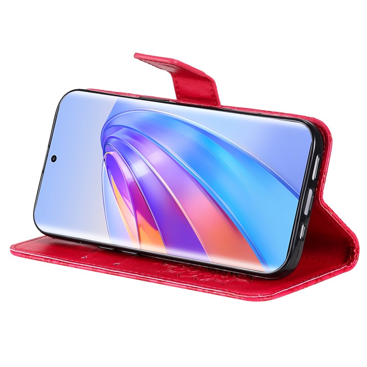 KT Imprinting Flower Series-1 for Honor X40 5G / X9a 5G / Magic5 Lite 5G PU Leather Magnetic Case Imprinted Sunflower Wallet Function Stand Flip Phone Cover with Strap - Red