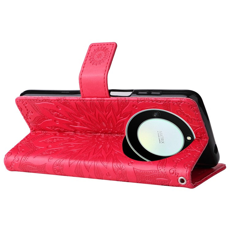 KT Imprinting Flower Series-1 for Honor X40 5G / X9a 5G / Magic5 Lite 5G PU Leather Magnetic Case Imprinted Sunflower Wallet Function Stand Flip Phone Cover with Strap - Red