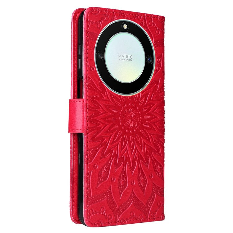 KT Imprinting Flower Series-1 for Honor X40 5G / X9a 5G / Magic5 Lite 5G PU Leather Magnetic Case Imprinted Sunflower Wallet Function Stand Flip Phone Cover with Strap - Red