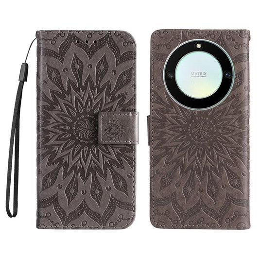 KT Imprinting Flower Series-1 for Honor X40 5G / X9a 5G / Magic5 Lite 5G PU Leather Magnetic Case Imprinted Sunflower Wallet Function Stand Flip Phone Cover with Strap - Grey