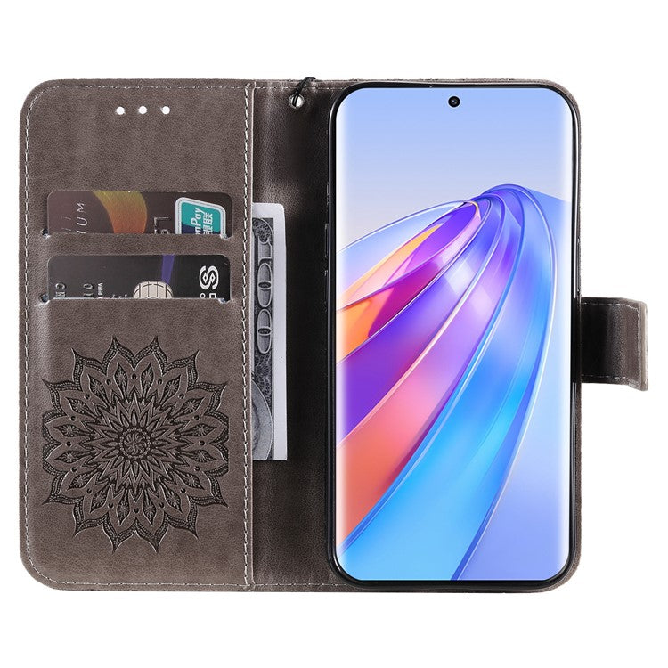 KT Imprinting Flower Series-1 for Honor X40 5G / X9a 5G / Magic5 Lite 5G PU Leather Magnetic Case Imprinted Sunflower Wallet Function Stand Flip Phone Cover with Strap - Grey